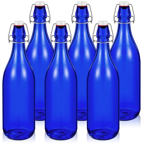 Teenyyou 6 Pcs Cobalt Blue Glass Bottles 1 L/ 33.75 oz Decorative Wine Bottles Flip Top Glass Water Bottle with Airtight Lid for Home Decor Garden Tree Yard Outdoor Decorations - color: Cobalt Blue, size: 33.75 oz