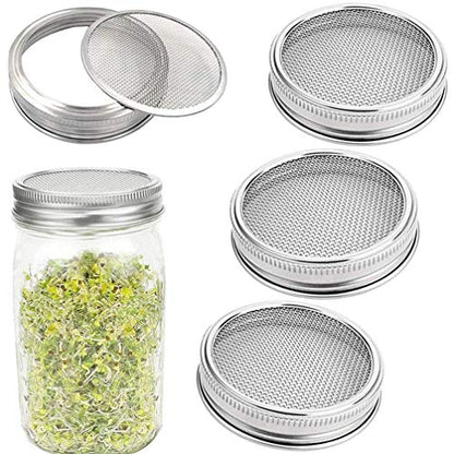 Sprouting Lids Sprouts Growing Kit for Wide Mouth Mason Jar Mesh Lid - 4 Pack Metal Fine Stainless Steel Screen Sprout Jars Lids Plant Seed Germination