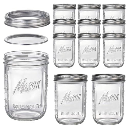 WELLIFE 12 Pack 16 oz Mason Jars with Lids, Wide Mouth Glass Canning Jars, Airtight Leak-Proof Storage Jars for Food, Pickling, Fermenting - color: Clear Mason Jars 16oz-12Pcs