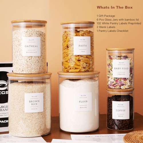 CZZGSM Set of 6 Glass Flour and Sugar jars with 132 Kitchen Pantry Labels - Thicken Large Glass Storage containers with Airtight Bamboo Lid - Rice Canisters for Salt Coffee - 100OZ/54OZ/27OZ - color: 6pack