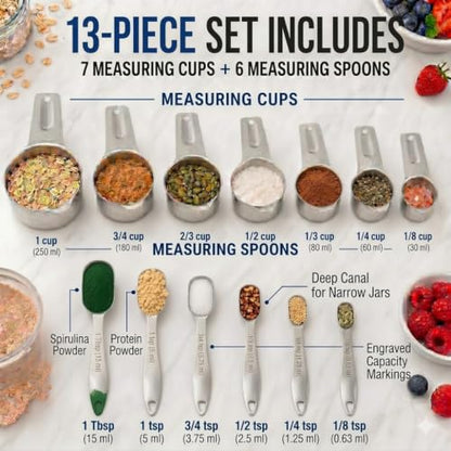Stainless Steel Measuring Cups and Spoons Set, 13-Piece Metal Measuring Set with Engraved US & Metric Measurements, 7 Cups & 6 Spoons for Baking, Cooking & Meal Prep
