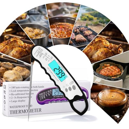 COOLMI Instant Read Meat Thermometer, 2-Second Waterproof for Cooking & BBQ | 180° Auto-Rotating Backlit Display, Magnetic Storage, Digital Meat Thermometer With Lock And Calibration For Grilling - color: Classic Model-Black