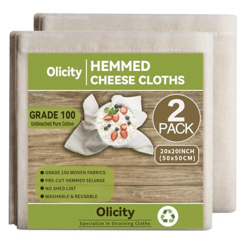 Olicity Cheese Cloths, 2Pack, Grade 100, 20x20Inch Hemmed Precut Cheese Cloth Reusable Muslin Cheesecloth for Straining, 100% Cotton Unbleached Fine Mesh Cloth Cheese Cloths for Cooking, Herbs