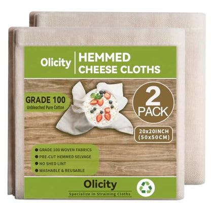 Olicity Cheese Cloths, 2Pack, Grade 100, 20x20Inch Hemmed Precut Cheese Cloth Reusable Muslin Cheesecloth for Straining, 100% Cotton Unbleached Fine Mesh Cloth Cheese Cloths for Cooking, Herbs