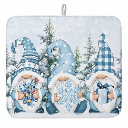Blue Gnomes Christmas Dish Drying Mat for Kitchen Counter, Microfiber Dishes Drainer Mat Rack Pad, Xmas Tree Snowflake Gifts Absorbent Dish Bottle Drying Mats, 18''x24'', 1 Pack - size: 1PCS-18x24in