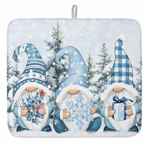 Blue Gnomes Christmas Dish Drying Mat for Kitchen Counter, Microfiber Dishes Drainer Mat Rack Pad, Xmas Tree Snowflake Gifts Absorbent Dish Bottle Drying Mats, 16''x18'', 1 Pack - size: 1PCS-16x18in