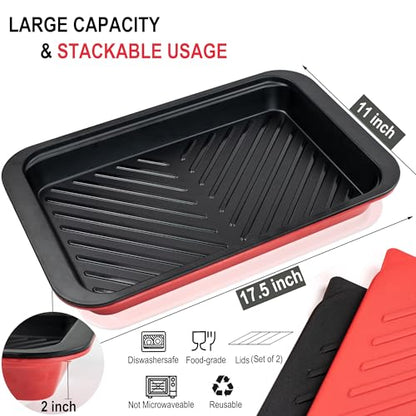 Czlizdyt Deep Grilling Prep and Serve Trays with lid, BBQ Tray for Marinating Raw and Cooked Food, Diswasher Safe Nesting Trays Black in Red - style: Deep Prep Trays with Lid