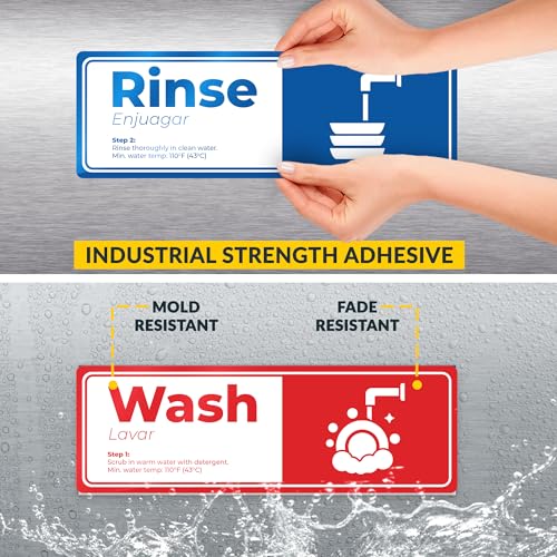 5 Pack Wash Rinse Sanitize Sink Labels - 3"x9", Waterproof Sticker Signs, 3 Compartment Sink Labels - Restaurant Supplies, Food Truck, Dishwashing Wash Station - color: 5 Pack (Set 2)