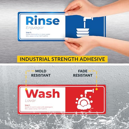 5 Pack Wash Rinse Sanitize Sink Labels - 3"x9", Waterproof Sticker Signs, 3 Compartment Sink Labels - Restaurant Supplies, Food Truck, Dishwashing Wash Station - color: 5 Pack (Set 2)