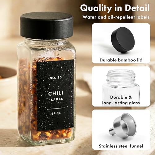 EDELHAUS® Square Spice Jars with Bamboo Wooden Lid (Pack of 24) Spice Jars with Shaker Insert and 240 Labels - Bamboo Lid Glass Container for Spice Organisation [4.3 in × 1.8 in] - color: Black Bamboo Lid