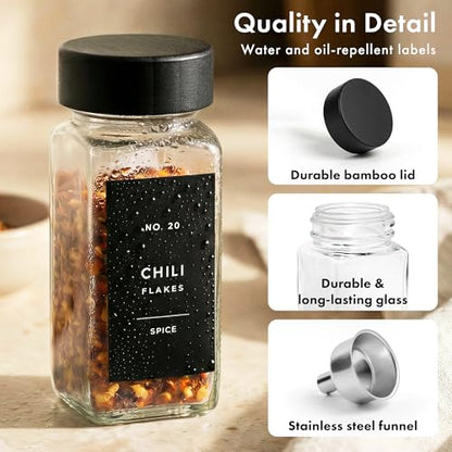 EDELHAUS® Square Spice Jars with Bamboo Wooden Lid (Pack of 24) Spice Jars with Shaker Insert and 240 Labels - Bamboo Lid Glass Container for Spice Organisation [4.3 in × 1.8 in] - color: Black Bamboo Lid