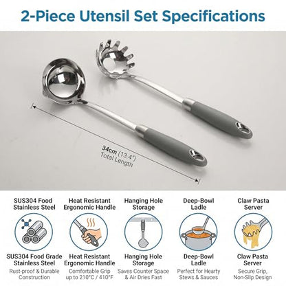 18/10 Stainless Steel Soup Ladle and Pasta Server Set, 2-Piece | Premium 18/10 stainless steel soup ladle and pasta server with ergonomic heat-resistant handles for everyday cooking. - color: Gray