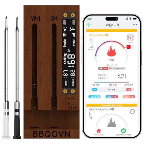 BBQOVN (Luxury Walnut Wood) WiFi Sub-1G Wireless Meat Thermometer Unlimited Range 7 NIST Certified Sensors with Ambient Temp 2 Temp Monitoring Ways Digital Smart Base and App for Smoker, Grill, Oven - color: Walnut, size: Dual Probes
