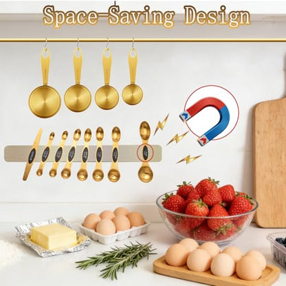 12-Piece Gold Magnetic Measuring Cups and Spoons Set，4 Premium Stainless Steel Gold Measuring Cups，8 Magnetic Measuring Spoons Set with Leveler，Measuring for Dry & Liquid Cooking Baking for Kitchen
