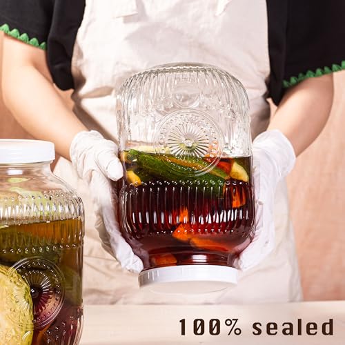 Amzcku 2 Pack 1 Gallon Glass Jar with Lid Wide Mouth, 128 OZ Large Mason Jar with Airtight Screw Lid and Handle, Glass storage containers, Cookie, Candy, Kombucha and fermention