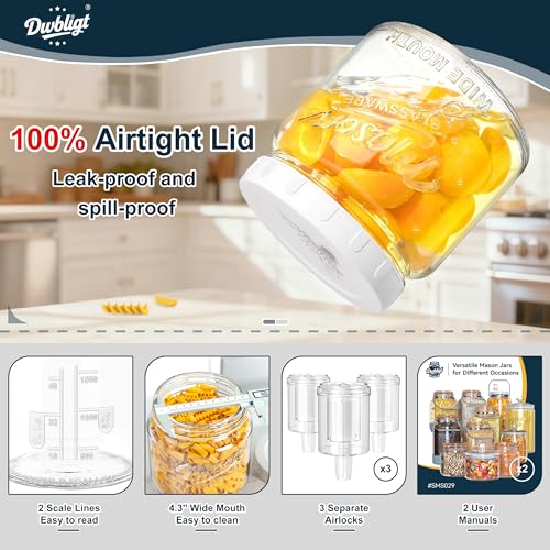 2 Pack Fermentation Jars with 3 Airlocks, Half Gallon Glass Jars with Airtight Lid, 64 oz Wide Mouth Mason Jar with Scale Line for Pickling, Mead Making, Kimchi, Sourdough and Food Containers