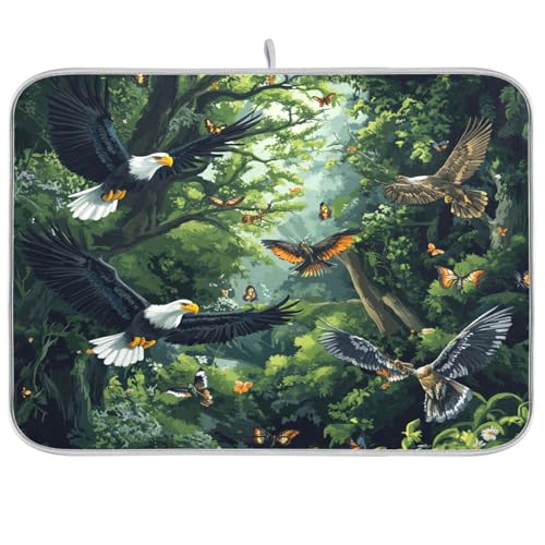 Dish Drying Mat for Kitchen Counter Dish Mat Dish Drainer Mats Kitchen Drying Mat Pad Microfiber Absorbent Reversible 18x24 Inch Bald Eagles and Forest Butterflies Bees - color: Bald Eagles and Forest Butterflies Bees, size: 24" x 18"