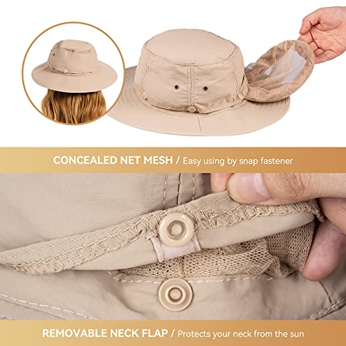 Mosquito Head Net Hat - Bug Cap UPF 50+ Sun Protection with Hidden Netting for Beekeeping Hiking Women - color: Khaki