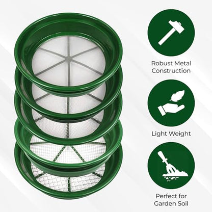 SE 13.25 Inch Wide Stackable Classifier Gold Prospecting Pan Set - Includes 1/2" 1/4" 1/8" 1/12" and 1/20" Stainless Steel Mesh Sifting Pans, Green, 5 Pack - size: 5 Pieces, style: Pans