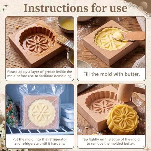 Hushee Flower Butter Mold Decorative Butter Press Wooden Mold for Homemade Cutter Wood Kitchen Accessory & Table for Baking DIY Dairy Making Supplies - style: Flower