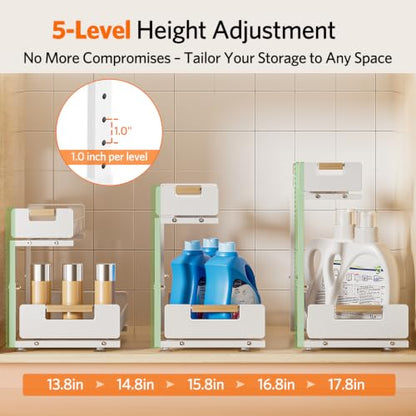 Delamu 2-Pack Under Sink Organizer, 2 Tier Pull out Under the Kitchen Sink Storage, Slide out Cabinet Organizer Shelf, Metal Sliding Drawer for Bathroom Pantry Closet Organization Rack, White