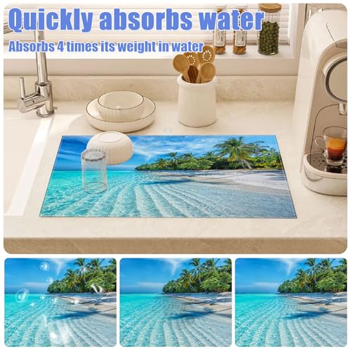 Beach Palm Tree Dish Drying Mat for Kitchen Counter Drying Pad Absorbent Reversible Dish Drainer Rack Mats Draining Pad 18"x24"Inch