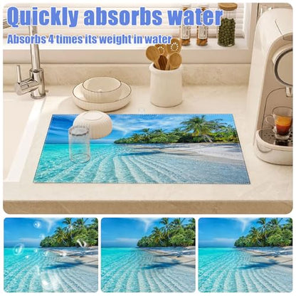 Beach Palm Tree Dish Drying Mat for Kitchen Counter Drying Pad Absorbent Reversible Dish Drainer Rack Mats Draining Pad 18"x24"Inch