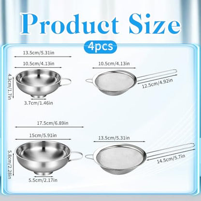4 Pieces Stainless Steel Funnels with Fine Mesh Strainer, 2 Size Kitchen Canning Funnels Food Can Drainer Strainer with Handle