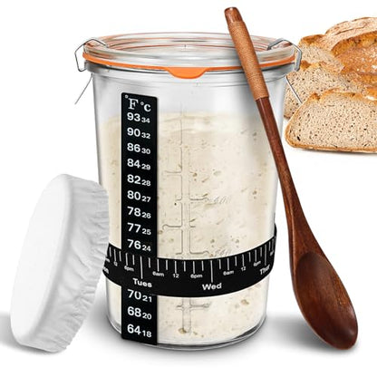 TOKPELA Sourdough Starter Jar Glass, Wide Mouth Sourdough Starter Jars, Sourdough Starter Kit with Wooden Spoon, Cloth Cover, Glass Lids, Sourdough Starter Jar 27oz for Sourdough Bread Baking Supplies - color: Sourdough Starter Jar