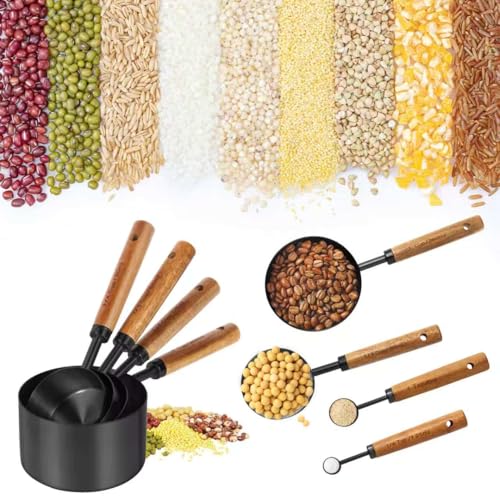 Black Measuring Cups and Spoons Set,8 Piece Stainless Steel Measuring Cup with Wood Handles for Cooking and Baking in the Kitchen - color: Black
