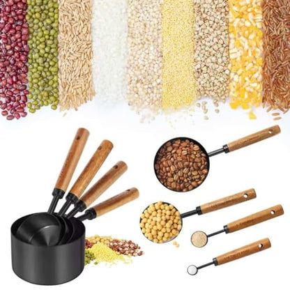 Black Measuring Cups and Spoons Set,8 Piece Stainless Steel Measuring Cup with Wood Handles for Cooking and Baking in the Kitchen - color: Black