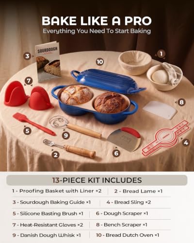 Sourdough Bread Baking Kit with Double Loaf Cast Iron Bread Pan, Blue | Bakes two mini loaves at once with banneton proofing baskets included - color: Blue, size: Double Bread Oven & Baking Kit