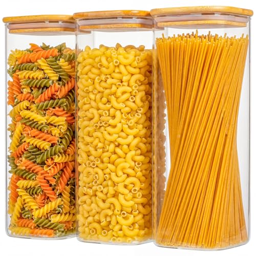 3-Pack 2.2Qt Square Glass Spaghetti Jars with Bamboo Lids | Minimalist Kitchen Organizer,Scandinavian Style Storage,Nordic Style Storage,Food Storage Canister for Pasta, Penne, Macaroni - size: 2.2Qt*2