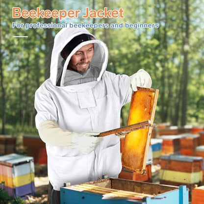 Bee Suit - Beekeeping Jacket for Men & Women - Polycotton Jacket with Beekeeping Gloves (White) - size: Large