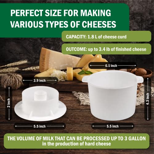 Cheese Mold for Cheese Making with Follower Piston 1/2 gal - Cheesemaking Supplies - Cheese Form Mold - Cheese Making Basket - Cotton Cloth For Straining - Molde Para Queso Casero