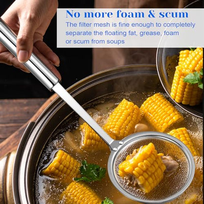2Pcs Fat Skimmer Spoon, Stainless Steel Fine Mesh Strainer Food Strainer for Cooking,Skimming and Floating Grease Foam & Oil (10cm & 14cm)