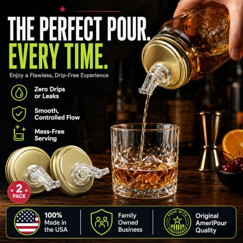 Mason Jar Pour Spouts With Flap - For Moonshine And Whiskey - Made 100% In The USA. Free Flow Mason Jar Spouts That Don't Leak - No Cracks, Just A Perfect Cocktail Pour Everytime. 2 Pack - size: Classic Regular Mouth With Flap