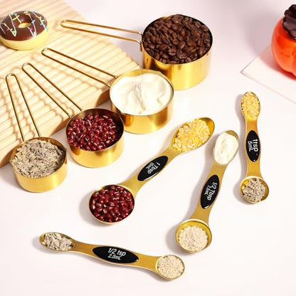 13pcs Gold Stainless Steel Measuring Cups and Spoons Set, Including 8 Double-Sided Magnetic Measuring Spoons Set & 1 Leveler, 4 Metal Measuring Cups, Kitchen Accessroies for Cooking & Baking - color: Gold