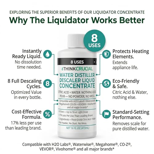 Think Crucial Water Distiller Descaler Liquid — Compatible with H2O Labs, Megahome, Waterwise, VEVOR, Durastill — 16 fl oz