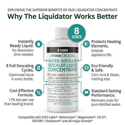 Think Crucial Water Distiller Descaler Liquid — Compatible with H2O Labs, Megahome, Waterwise, VEVOR, Durastill — 16 fl oz