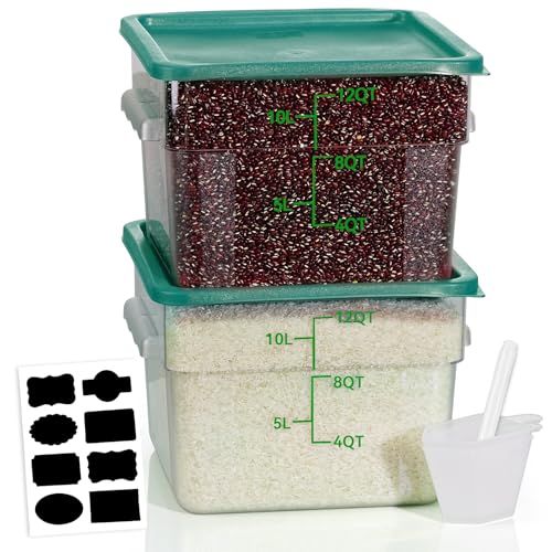 12QT NSF Food Storage Containers: 2 PCS [Food Grade][Hot&Cold Resistant] Commercial Clear Square Food Storage Containers with Scales Handles for Home Restaurant Kitchen Proof Dough(BPA FREE-GREEN N2) - color: J5-12QT-2PCS-GREEN
