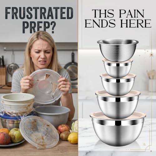 DUTZUN Stainles Steel Mixing Bowls with Lids Set, Stackable Metal Mixing & Serving Bowl with Strainer, 5-Piece - Beige - style: 9PCS Beige