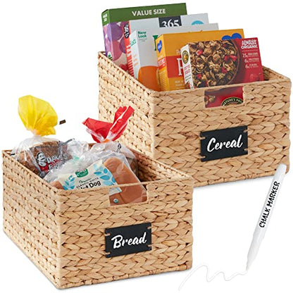 Best Choice Products 식료품 저장실 바구니 40.6 x 30.5cm(16 x 12인치) 워터 히아신스 보관 바구니 2개 세트, 손잡이가 달린 우븐 고리버들 주방 정리함, 칠판 라벨 분필 마커 포함 - 내추럴 - color: 천연, size: 12x16x8in