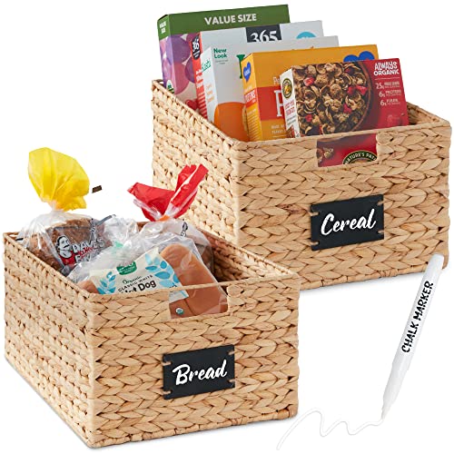 Best Choice Products 식료품 저장실 바구니 40.6 x 30.5cm(16 x 12인치) 워터 히아신스 보관 바구니 2개 세트, 손잡이가 달린 우븐 고리버들 주방 정리함, 칠판 라벨 분필 마커 포함 - 내추럴 - color: 천연, size: 12x16x8in