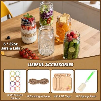 Alotpower Wide Mouth Mason Jars 32 oz - 6Pack Clear Glass Canning Jars | Quart Mason Jars with Airtight Lids & Bands for Pickling, Fermenting, Preserving, Meal Prep, and Dry Storage - color: 32fl.oz 6pack