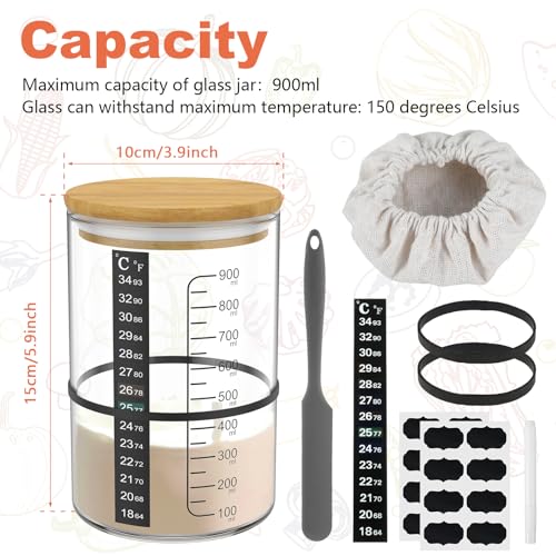 10Pcs Sourdough Starter Jar Kit 900ml Heat Resistant Sourdough Starter Container with Wooden Lid Spatula Reusable Wide Mouth Glass Sourdough Fermentation Jar for Sourdough Baking ZHAZHAMO