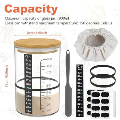 10Pcs Sourdough Starter Jar Kit 900ml Heat Resistant Sourdough Starter Container with Wooden Lid Spatula Reusable Wide Mouth Glass Sourdough Fermentation Jar for Sourdough Baking ZHAZHAMO