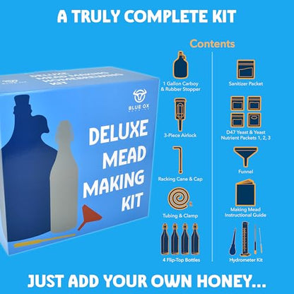 DELUXE Mead Making Kit with Storage Bottles, Hydrometer & Extra Yeast Nutrients - Honey Wine Making Kit - Mead Kit Complete - Mead Supplies for 1 Gallon of Mead – Mead Brewing Kit - color: Bue