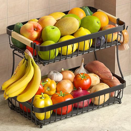 Sevenblue 2-Tier Fruit Basket with Banana Hangers, Detachable Metal Bowl | Wooden handle, protective mats included. Versatile holder for bread, snacks, and veggies. Large 2 tier metal design. - color: Black, size: 2 Tier