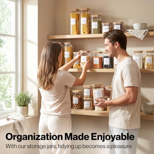 EDELHAUS Glass Storage Containers with Bamboo Lids and Labels - Set of 5 | Extra Thick Square Glass Canisters with Bamboo Wood Lids and 54 Pre-printed Pantry Labels keeps dry Goods Fresh and Organized - color: White Labels - Bamboo Lids - 5 Pack